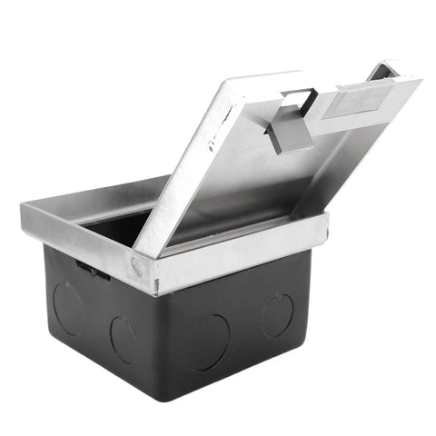 Heavy Duty Flush Mount Recessed Floor Electrical Outlet Kit Featuring Slick Silver Slide Down Lid, open view showing stainless steel interior.