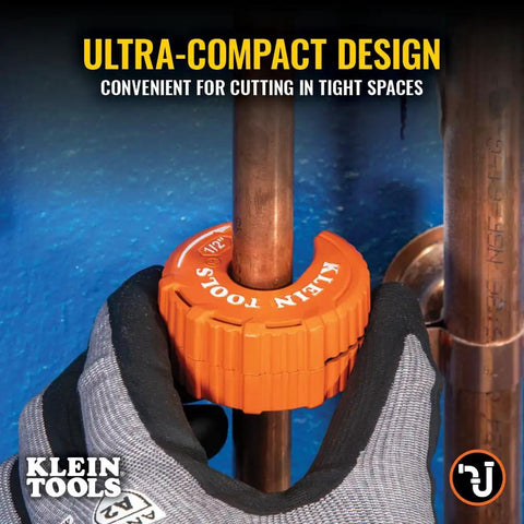 Ultra-Compact Copper Tubing Pipe Cutter Set With 1/2, 3/4, And 1-Inch Cutters In A MODbox Case cutting copper pipe.