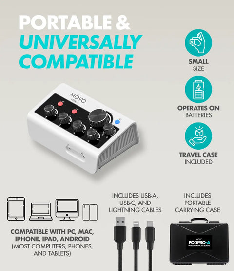 On-The-Go Podcast Kit For iPhone And Android with USB interface, compatible with PC, Mac, and Android, travel case included