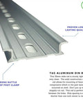 Close-up of Three Piece DIN Rail Slotted Aluminum RoHS Compliant Rail Set, Five Inch Long, 35mm Wide, 7.5mm High, Silver Finish.