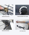 Heavy Duty Industrial Pedestal Fan With Rock Solid Aluminum Blades And Wide Swing Oscillation, 3 Speed High Velocity Floor Standing Unit components showing adjustable wind speed and power cord.