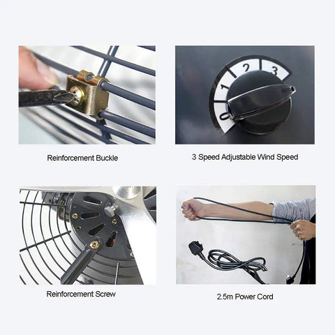 Heavy Duty Industrial Pedestal Fan With Rock Solid Aluminum Blades And Wide Swing Oscillation, 3 Speed High Velocity Floor Standing Unit components showing adjustable wind speed and power cord.