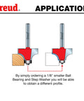 Freud Quadra Cut One Half Inch Radius Rounding Over Router Bit application diagram showing profile change with different bearing sizes.