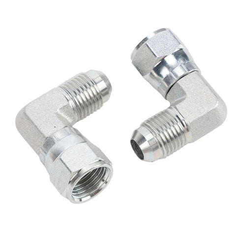 Rock Solid 3/8 Inch 90 Degree Elbow Hydraulic Fitting With 360 Rotating Female Port Made From Tough Carbon Steel Capable Of Withstanding Pressures Up To 3000 PSI Engineered For Zero Leak Proof Best For Heavy Gear Running Hard All Week Long, 3/8-inch carbon steel elbows shown