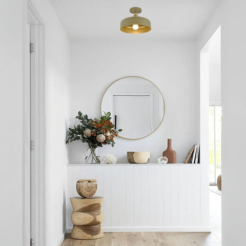 Modern Flush Mount Ceiling Light Fixture With Matte White Dome Shade, 11.8 Inches, E26 Socket in a stylish hallway.