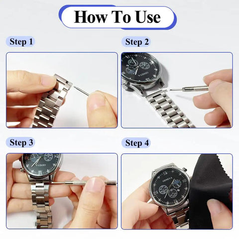 Step-by-step use of Heavy Duty Watch Band Pins Kit With 20 Spring Bars And Cleaning Cloth for strap replacement and cleaning