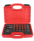 Open red case with Awesome 64 Pc Oil Pan Thread Repair Kit For M13 M15 M17 M20 Sump Gearbox Drain Plugs With Taps Copper Washers Hardened Steel Durability Fix Stripped Threads Easy Install Fast Action, taps and washers visible