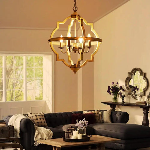 4 Light Farmhouse Chandelier in living room with rustic black globe orb drum pendant and wood grain metal frame