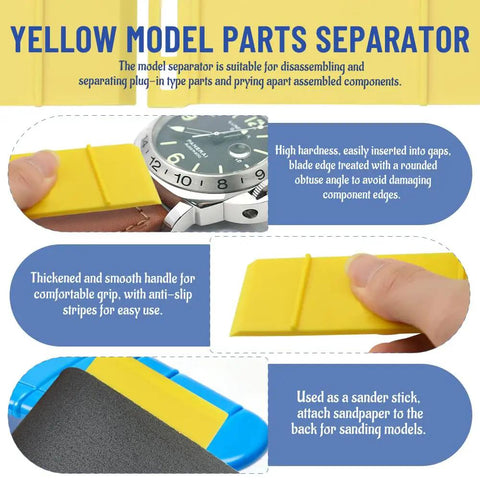 Yellow model parts separator from 85 Piece Model Tools Kit For Hobbyists And Beginners, shown with anti-slip handle and sandpaper use.