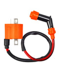 Front view of Combo CDI Box, Ignition Coil, And Spark Plug Kit For Trail Boss 330 2003-2013, Boss 325 2000-2003, Magnum 330 2003-2006 Replacement 3087253 3088209, Plug And Play Dope High Performance ATV Ignition Upgrade showing ignition coil with orange casing and connector cable.