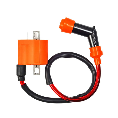 Front view of Combo CDI Box, Ignition Coil, And Spark Plug Kit For Trail Boss 330 2003-2013, Boss 325 2000-2003, Magnum 330 2003-2006 Replacement 3087253 3088209, Plug And Play Dope High Performance ATV Ignition Upgrade showing ignition coil with orange casing and connector cable.