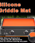 Rock Solid Thick Silicone Griddle Mat For Blackstone 36 Inch Cooktop covers, showing orange silicone on a black cooktop.