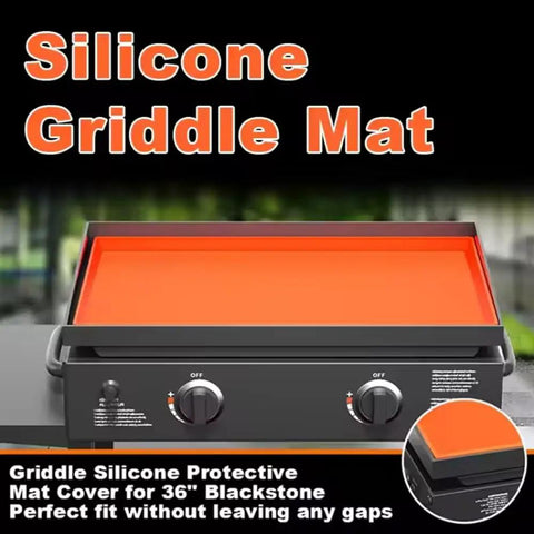Rock Solid Thick Silicone Griddle Mat For Blackstone 36 Inch Cooktop covers, showing orange silicone on a black cooktop.