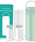 Skip The Ice Pack Struggle Portable Breast Milk Cooler Keeps Fresh Up To 24 Hours Durable Design For Two Bottles with white and mint bottles.