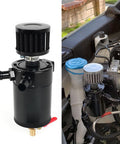 Universal Billet Aluminum Oil Catch Can Kit With 2 Port Breather Filter Reservoir And Oil Separator installed in car engine.