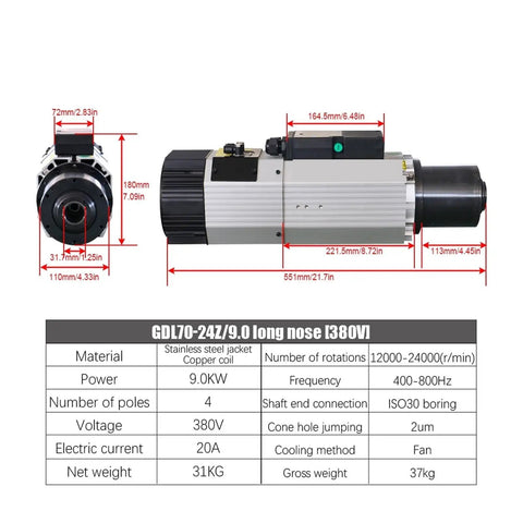 Heavy Duty Air Cooled Spindle Motor With Automatic Tool Change And Iso30 Holder 9.0KW 4 Pole 220V 380V showing dimensions and specifications.