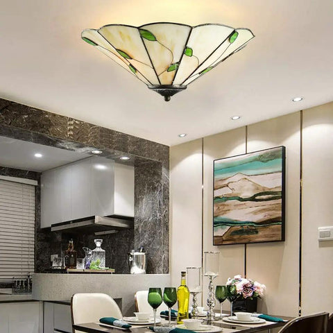 Cool Green Leaf Tiffany Style Flush Mount Ceiling Light With Stained Glass Shade for Living Room, 15 Inch, Vintage Inspired