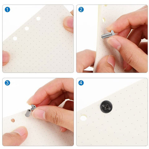 Kickass Stainless Steel Chicago Binding Screws With Phillips Cross Head, Heavy Duty Round Screw Posts And Nail Rivets, Genuinely Rust Proof 5 Mm By 20 Mm Hardware Kit, Real Deal Silver Tone Fasteners in use securing paper.