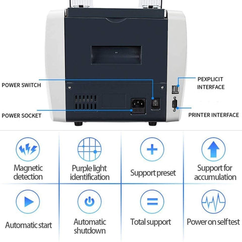 Heavy Duty Cash Counter Machine With Smart Fake Bill Detector Led Display rear view showing power socket, printer interface, and features.