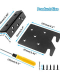 Tough As Nails Double Hook Slot Bed Frame Brackets With Headboard Support Plates, screws and screwdriver showing product size dimensions.