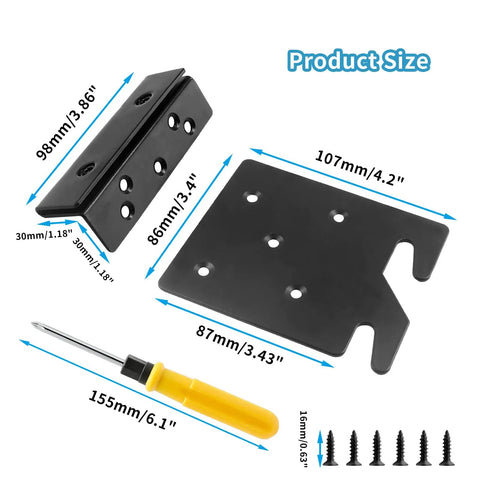 Tough As Nails Double Hook Slot Bed Frame Brackets With Headboard Support Plates, screws and screwdriver showing product size dimensions.