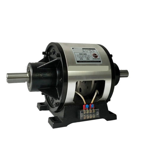 Magnetic powder brake and clutch assembly, double-shaft, DC24V, 20W, 25Nm, mounted on black base with terminal block.