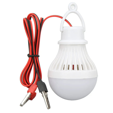 LED Camping Lantern With 5W Clamp Power Supply Portable 12V 400LM Tent Light With Hook, red and black clamps, white casing