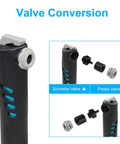 16 In 1 Bike Repair Kit With Mini 120 Psi Pump showing valve conversion for Presta and Schrader valves