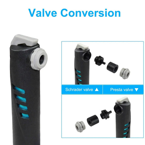16 In 1 Bike Repair Kit With Mini 120 Psi Pump showing valve conversion for Presta and Schrader valves