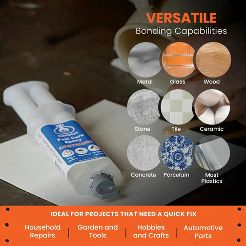 Fast Cure Epoxy Kit Workhorse With 1 To 1 Mix Quick 10 Minute Set And 30 Minute Full Cure Waterproof 2 Part Glue displayed with bonding materials.