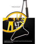 Solid No Fuss Hand Push Mechanical Measuring Wheel With Carry Pouch For Dead On Metric Tracking And Quick Rollouts On Job Sites Or Around The Yard - folding measuring rod and sturdy bracket close-up.