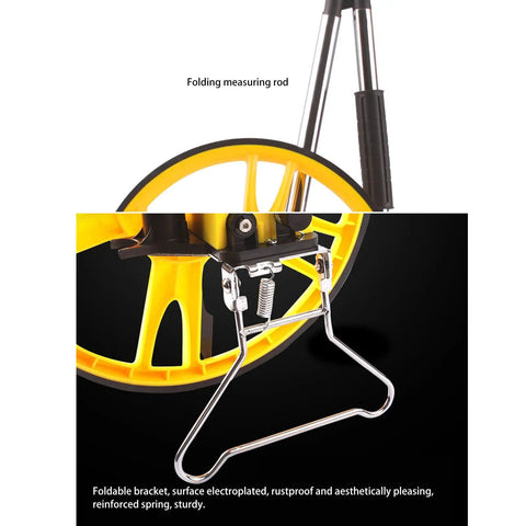Solid No Fuss Hand Push Mechanical Measuring Wheel With Carry Pouch For Dead On Metric Tracking And Quick Rollouts On Job Sites Or Around The Yard - folding measuring rod and sturdy bracket close-up.