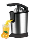 Electric Citrus Juicer With Stainless Steel Pulp Control And Large Volume Capacity efficiently extracting juice into a glass.