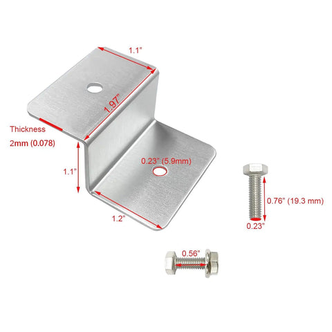 Z Bracket Solar Panel Mounting Kit for RV and Boat Roofs showing bracket dimensions and stainless steel bolts