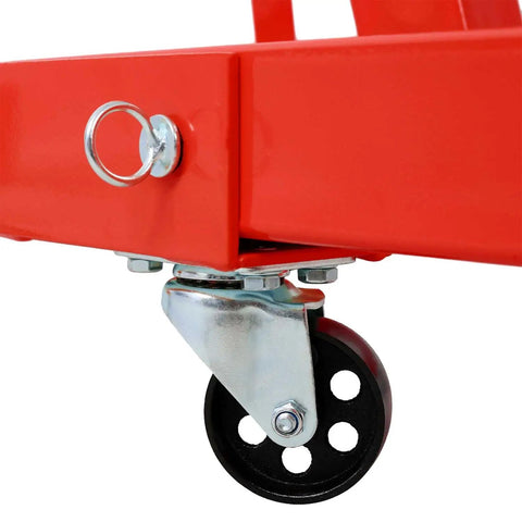 Close-up of wheel and swivel caster on Badass Two Ton Folding Hydraulic Engine Hoist Cherry Picker Shop Crane.