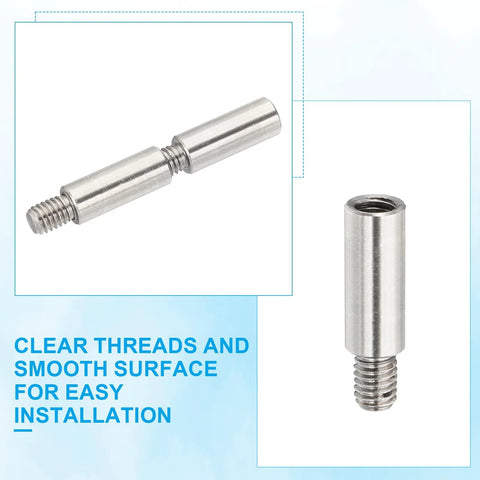 Two stainless steel M6 standoff pieces: male-threaded rod and female-threaded sleeve, for PCBs and drones.