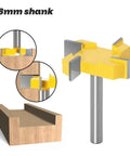 Premium 8mm 4 Edge T-Slot Router Bit For Precision Wood Slotting And Smooth Milling Cuts showing 8mm shank and wood slot detail.