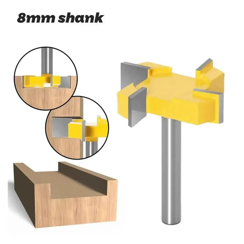 Premium 8mm 4 Edge T-Slot Router Bit For Precision Wood Slotting And Smooth Milling Cuts showing 8mm shank and wood slot detail.