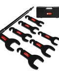 Eight Piece Pneumatic Fan Clutch Wrench Set With 43300 Removal Tool Kit for Ford GM Chrysler Jeep Auto Repair includes seven wrenches.