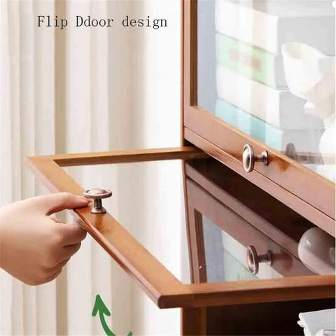 Two Tier Bamboo Desk Book Shelf With Hovering Clear Plastic Door Organizer showing open door design