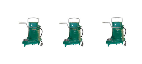 Industrial Grade Hardcore Cast Iron Submersible Sewage Pump Pack Of Three Non Automatic Manual 115 Volt Handles Two Inch Solids Wastewater Workhorse Non Clogging Vortex Design - three pumps, side view, green color.