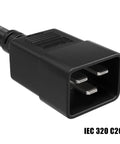 Premium 12 AWG Heavy Duty Power Cord Cable For Servers and PDUs IEC320 C20 To C19 4ft Plug, black connector close-up.