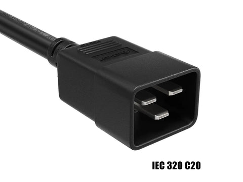 Premium 12 AWG Heavy Duty Power Cord Cable For Servers and PDUs IEC320 C20 To C19 4ft Plug, black connector close-up.
