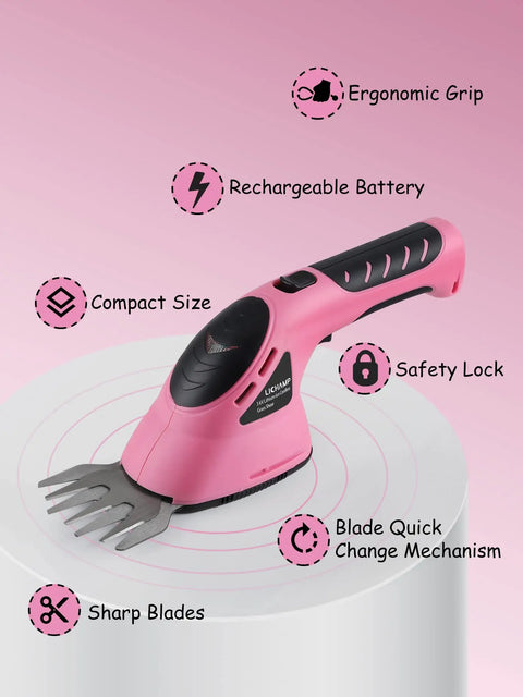 2-In-1 Electric Handheld Grass Shear And Hedge Trimmer Cordless Battery Powered No Fuss Garden Tool Pink with ergonomic grip