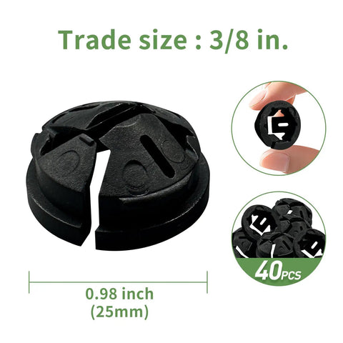 Kickass 3/8 Inch Electrical Box Knockout Plugs With Snap Bushing For Wire Protection Non Metallic Push In Cable Connectors 40 Pack black plug close-up.