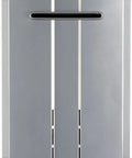High Output Condensing Propane Water Heater Tailored For Outdoor Use With Hella Fast Recovery Times And Killer Thermal Efficiency That Slashes Energy Bills While Keeping Your Hot Water Flow Totally Dope front view with sleek silver design.