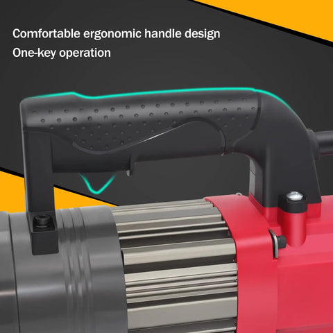 Heavy-Duty 7/8 Inch Electric Hydraulic Rebar Cutter Wielding A Roaring 1400W Pure Copper Motor For Blazing Fast Cuts Through #7 Steel In Just Three Seconds Portable And Tough For The Job ergonomic handle design and motor detail.