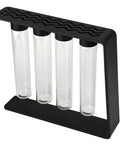 Single Dose Coffee Bean Storage Glass Tubes With One-Way Degassing Valves To Lock In Freshness And Trap Aroma Inside. Set of four tubes in a black holder.