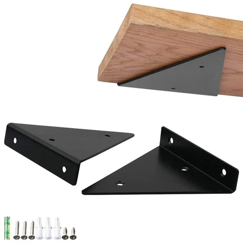 Rock Solid Heavy Duty Corner Brace Shelf Bracket Four Pack in black steel for wall-mounted shelves with included screws.