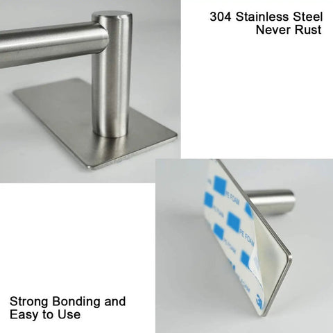 Close-up of 304 stainless steel no drill adhesive towel bar, brushed nickel finish, featuring rustproof adhesive mounting pad.